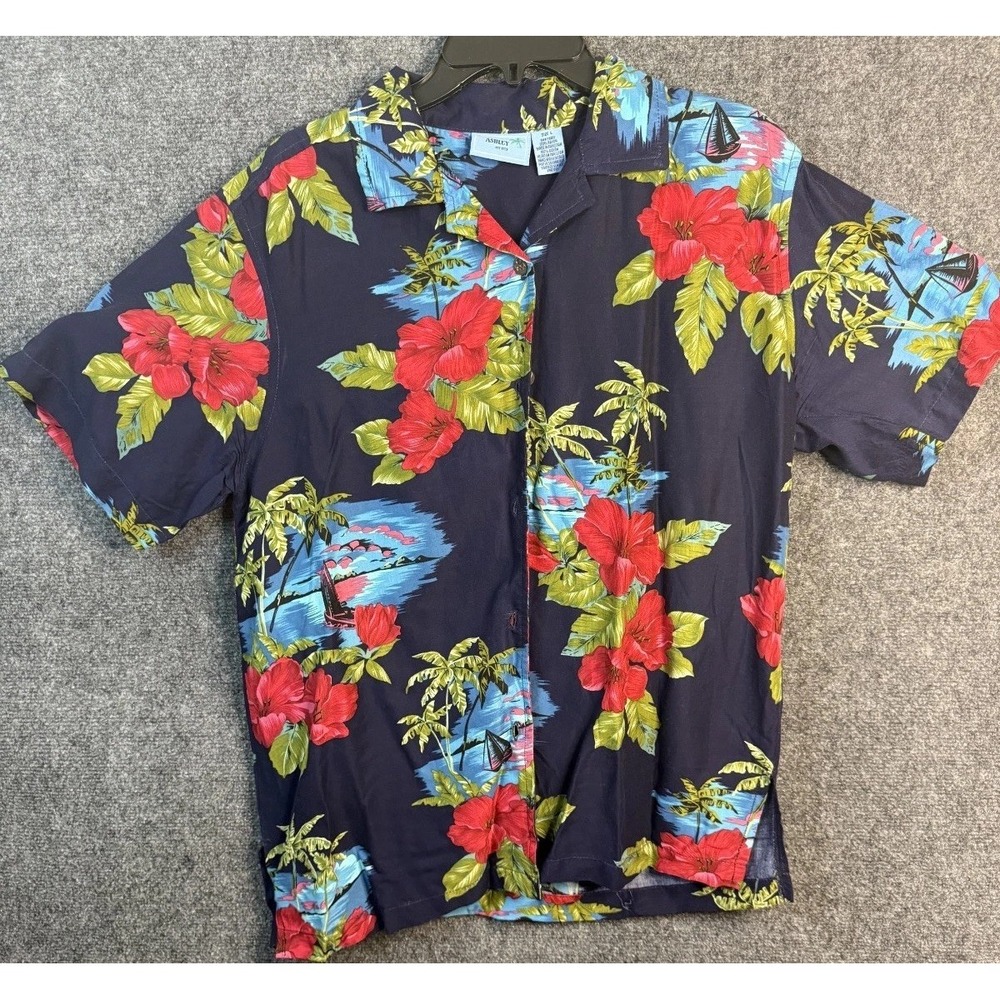 Jane Ashley Hawaiian Shirt Women's Large Multicolor Tropical Floral Short Sleeve